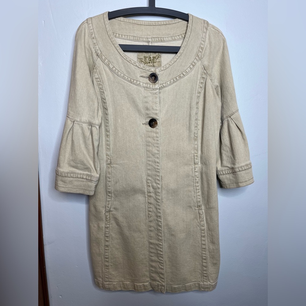Live a Little Coat Khaki Beige Tan Denim Jean Large Scoop Neck GUC Vintage
